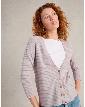 White Stuff Naria Stripe Linen Blend Cardi Natural - Grey
