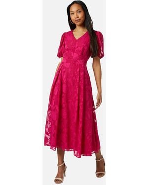 PRINCIPLES Ladies Floral Jacquard Puff Sleeve Midi Dress - Red