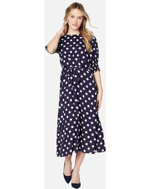 Dorothy Perkins Ladies Polka Dot Shirred Cuff Midi Dress - Blue