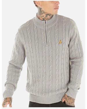 Brave Soul Cable Knit Cardigan Crew Neck Regular Warm Heavy Pullover Jumper - Grey