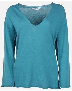 Alpha Studio Cotton V-Neck Jumper With Cuffs And Gathered Hem - Blue