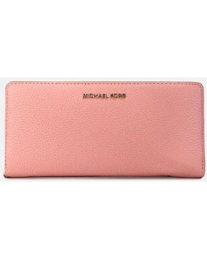 Michael Kors Pebbled Leather Continental Clutch With Logo Plate & Wristlet Strap - Pink