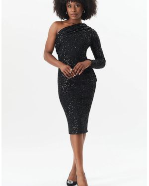 Gini London One Shoulder Draped Sequin Midi Dress - Black