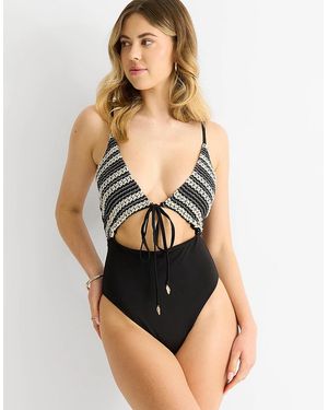 Gini London Crochet Textured Tie Front Cutout Swimsuit - Black