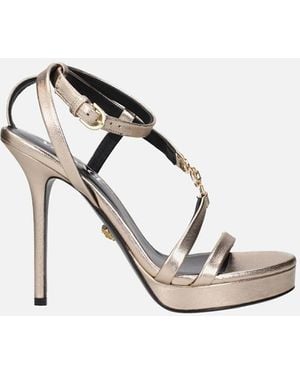 Versace Leather High Heel Sandals With Front Logo - Metallic