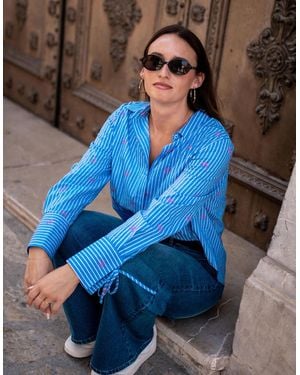 Gini London Bow Embroidered Extreme Cuff Stripe Shirt - Blue