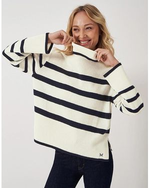 Crew Roll Neck Merino Wool Stripe Jumper Ivory And - Natural