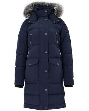 Moose Knuckles Giubbino Lungo Imbottito Con Cappuccio E Pelliccia - Blue