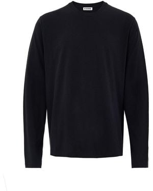 Jil Sander T-Shirt Nera Maniche Lunghe Con Logo Ricamo - Blue