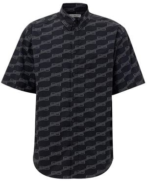 Balenciaga Camicia Manica Corta Con Logo Allover - Black
