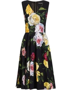 Dolce & Gabbana Peony And Rose-Print Cady Midi Dress With Circle Skirt - Black