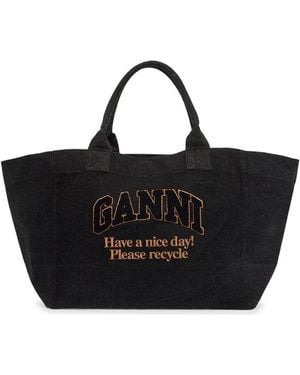 Ganni Denim Logo Tote Bag With 9 - Black