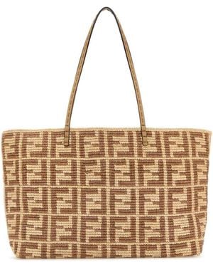 Fendi Embroidered Straw Large Roll Shopping Bag - Brown