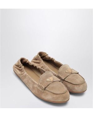 Prada Ecru Suede Moccasin With Logo Triangle Loafer - White
