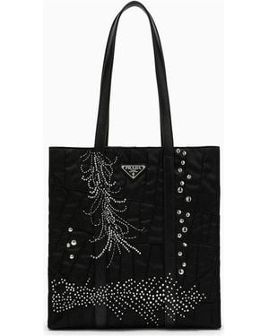 Prada Medium Re-Nylon Shopping Bag With Embroidery - Black