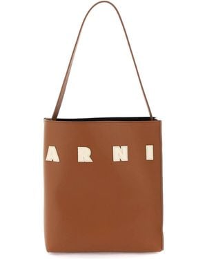 Marni Structured Calfskin Shopping Bag With Ivory Details - Brown