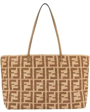 Fendi Ff Raffia Crochet Roll Large Shopper - Brown