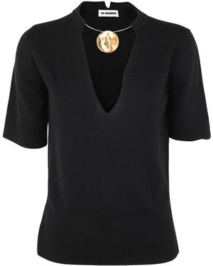 Jil Sander Crew Neck Short Sleeve Knit With Integrated Jewel Necklace - Black