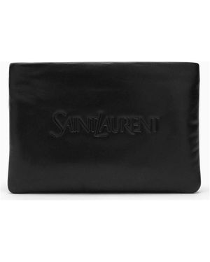 Saint Laurent Padded Leather Clutch Bag With Logo - Black