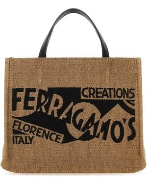 Ferragamo Raffia Small Tt Sign Shopping Bag - Brown