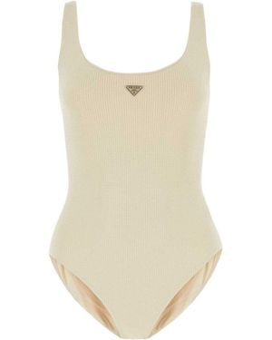 Prada Embellished Stretch Nylon Swimsuit - Natural
