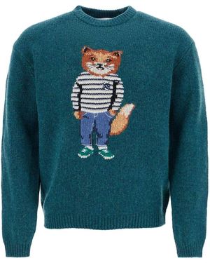 Maison Kitsuné Wool Jumper With Fox Intarsia - Blue