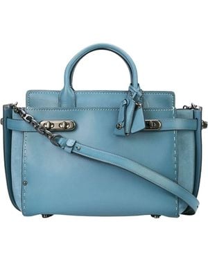 COACH Mixed Leather Double Swagger Satchel - Blue
