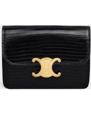 Celine Triomphe Lizard Skin Card Holder With Flap - Black
