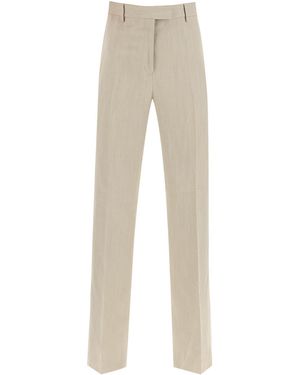 Ferragamo Salvatore Tailored Straight Leg Linen Blend Trousers - Natural