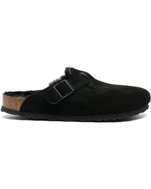 Birkenstock 'Boston' Shearling Suede Leather Slippers - Black