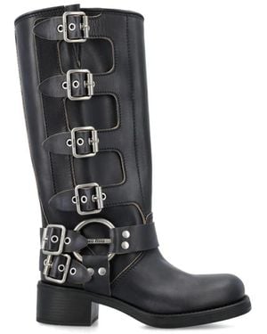 Miu Miu Buckled Knee-High Leather Boots - Black