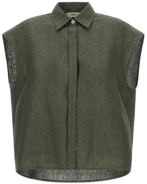 Herno Sleeveless Lightweight Linen Slightly Cropped Shirt With Logo Plate - Green