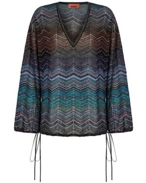 Missoni Chevron-Pattern Tie-Detail Blouse - Blue