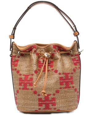 Tory Burch T Monogram Straw Bucket Bag - Rosa