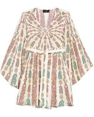 Etro Cream Silk Mini Dress With All-Over Placed Floral Paisley Print With Belt - Natural