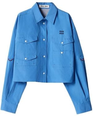 Miu Miu Logo-Embroidered Cropped Shirt - Blue