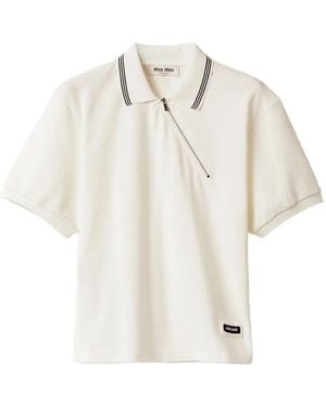 Miu Miu Polo Shirt With Zip And Striped Collar - White