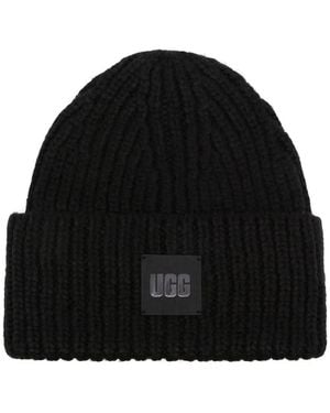UGG Logo-Patch Ribbed-Knit Beanie - Black