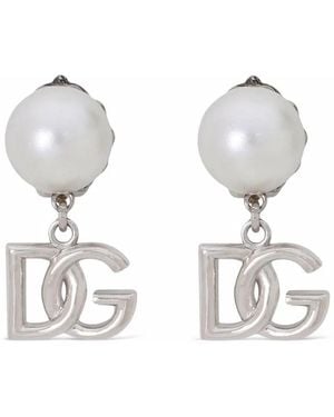 Dolce & Gabbana Dg-Logo Pearl-Embellished Drop Earrings - White