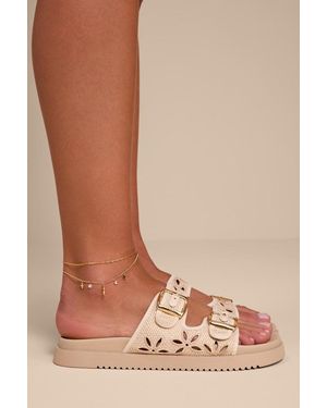 Lulus Honey Floral Buckle Slide Sandals - Natural