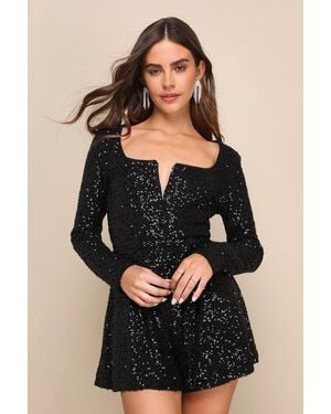 Lulus Cue The Shine Sequin Long Sleeve Romper - Black