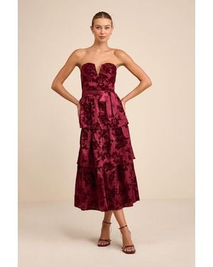 Lulus Dorina Shadow Print Strapless Tiered Midi Dress
