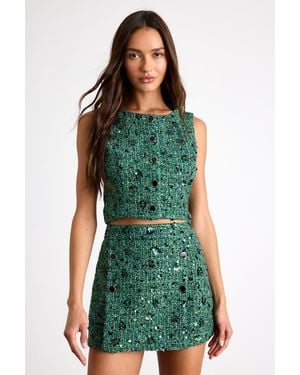 Lulus Namari Emerald Tweed Sequin Double-Breasted Mini Skirt - Green