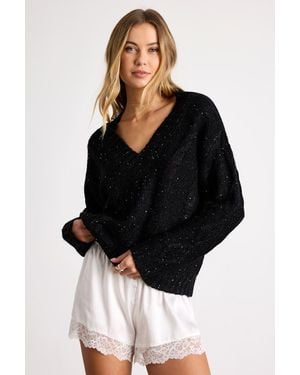 Lulus Ewan Sequin Cable Knit V-Neck Jumper - Black
