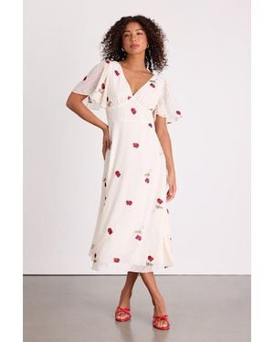 Lulus Jolina Embroidered Swiss Dot Flutter Sleeve Midi Dress - Pink