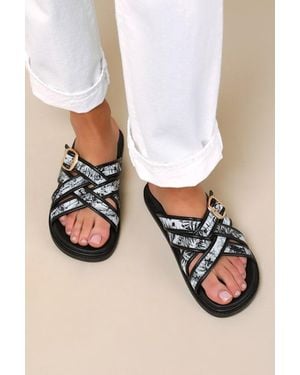 Lulus Killian Multi Tropical Print Slide Sandals - Black