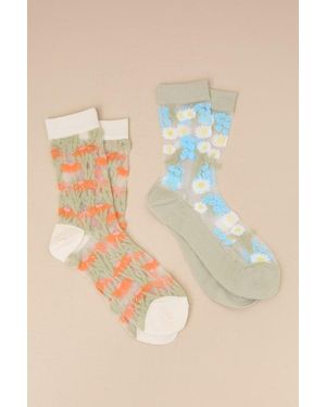 Lulus Earnestly Adorable Sheer Floral Embroidered Socks 2 Pack - Natural