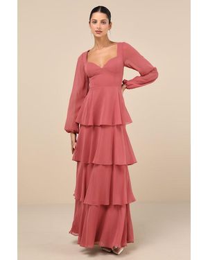 Lulus Flawless Excellence Rusty Rose Tiered Long Sleeve Maxi Dress