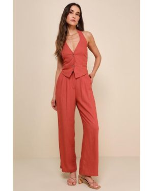 Lulus Relaxed Darling Rust Linen High-Waisted Trouser Pants - Red