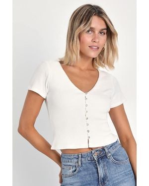 Lulus My Everyday Best Ribbed Short Sleeve Button-Front Top - White